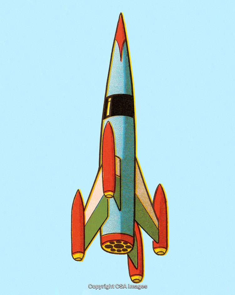 Retro Styled Rocket Illustration Against a Bright Blue Background