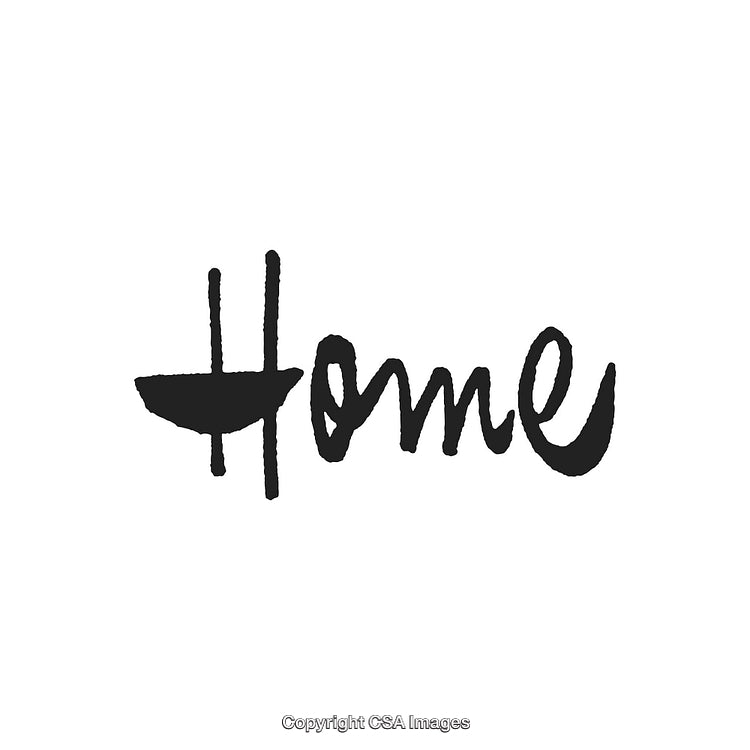 Handwritten Text 'Home' in Artistic Calligraphy Style on White Background