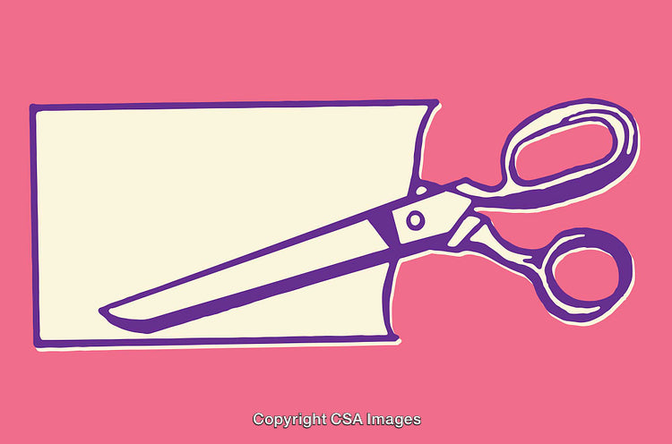 Colorful Line Art Illustration of Scissors and Paper on Pink Background