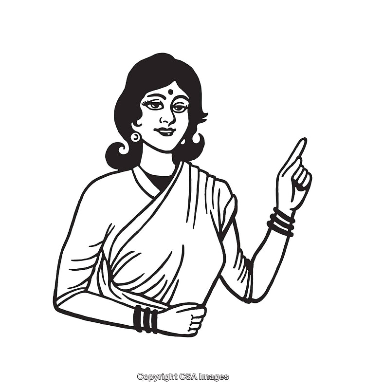Black and White Illustration of Woman Pointing in Traditional Attire