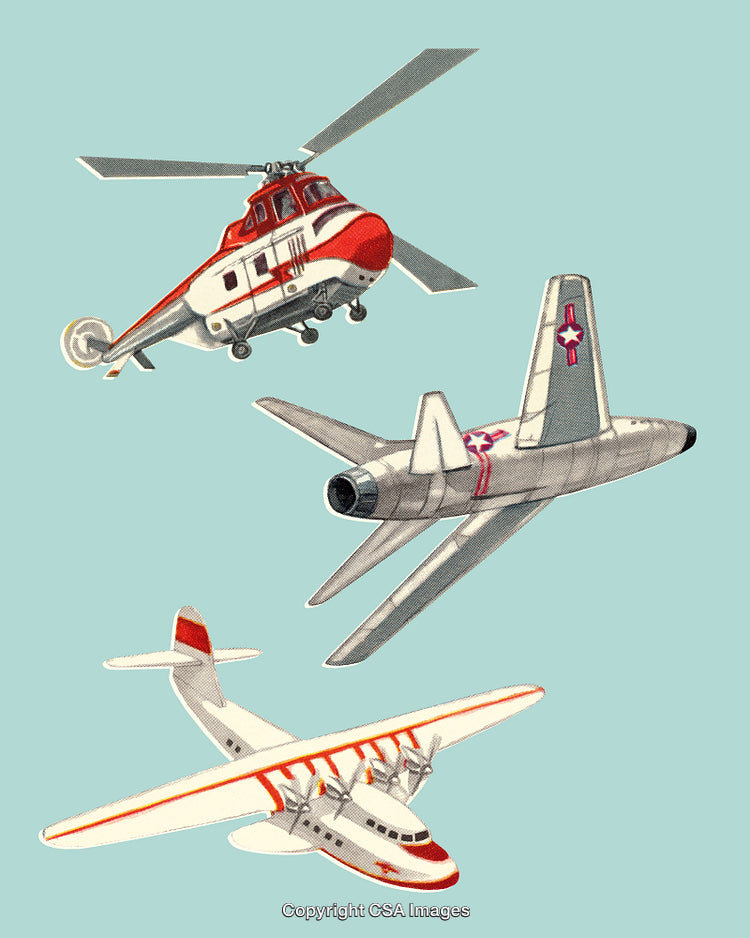 Vintage Illustrations of Helicopter, Jet, and Seaplane in Aviation Art