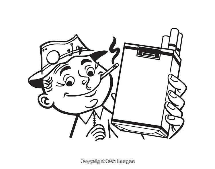 Retro Line Art of a Man Holding Cigarette Pack with Vintage Style