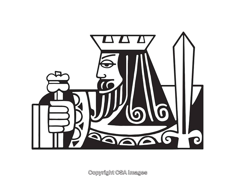 King Holding Sword and Staff in Black and White Line Art