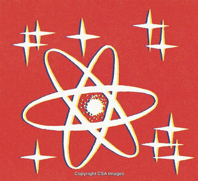 Atomic Symbol Illustration on Red Background with Abstract Stars in Retro Style