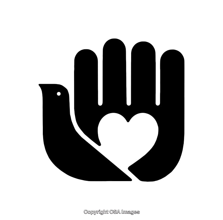 Black and White Icon Depicting a Dove, Hand, and Heart Symbol