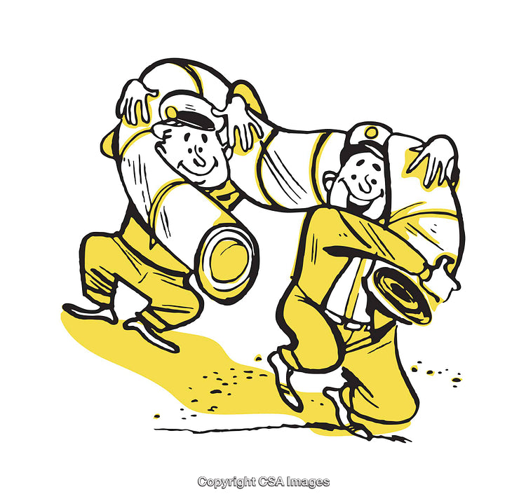 Whimsical Cartoon Illustration of Two Workers Carrying a Tube Together