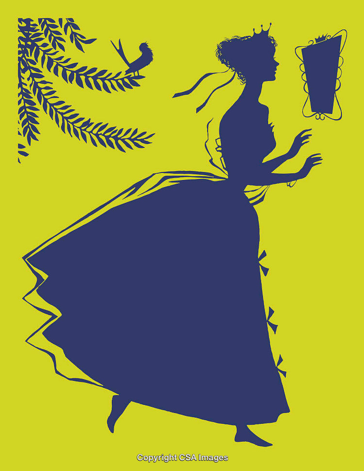 Elegant Silhouette of a Crowned Princess Holding a Mirror
