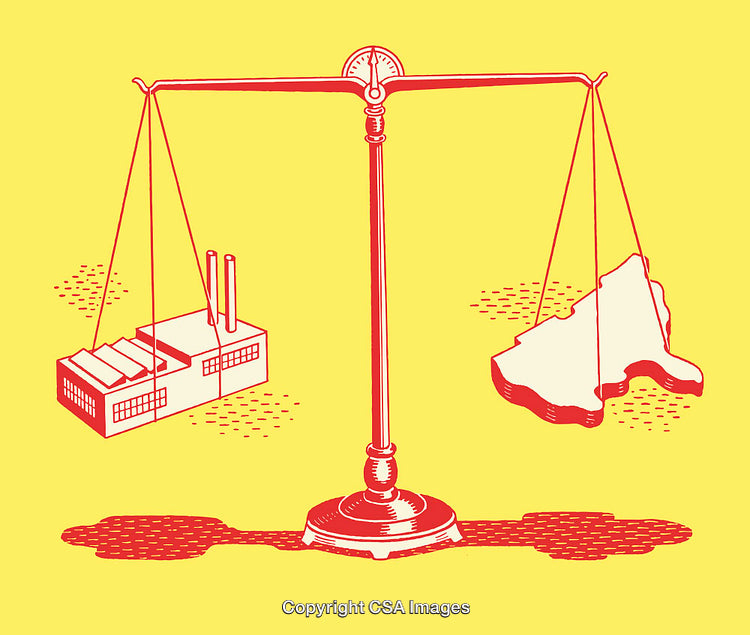 Illustration Depicting Factory and Natural Resource Balance on Weighing Scales