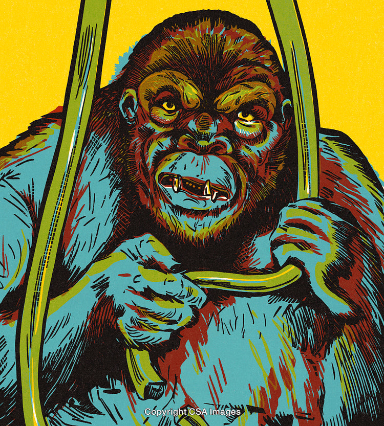 Illustrated Gorilla Holding Bars in Vibrant Artistic Style