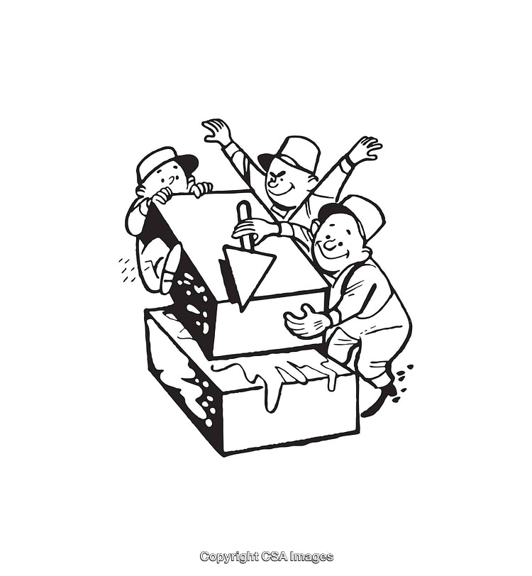 Illustration of Builders Working Cheerfully on a Project Block