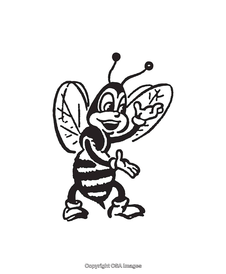 Black and White Line Art Illustration of a Friendly Cartoon Bee