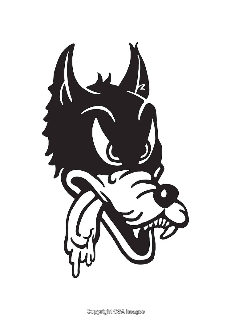 Black and White Line Art of a Cartoon Wolf Head