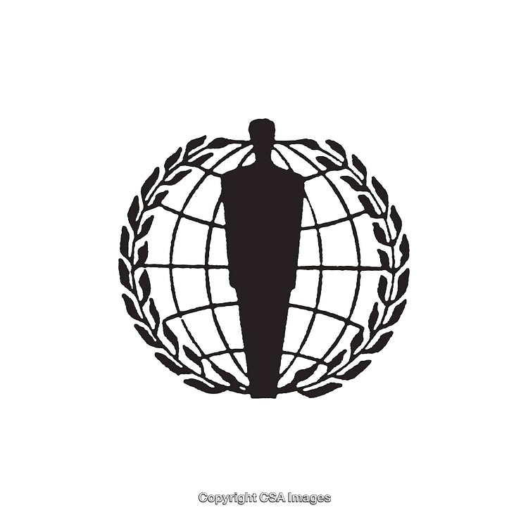 Silhouette of a Figure Inside a Globe with Laurel Wreath Design
