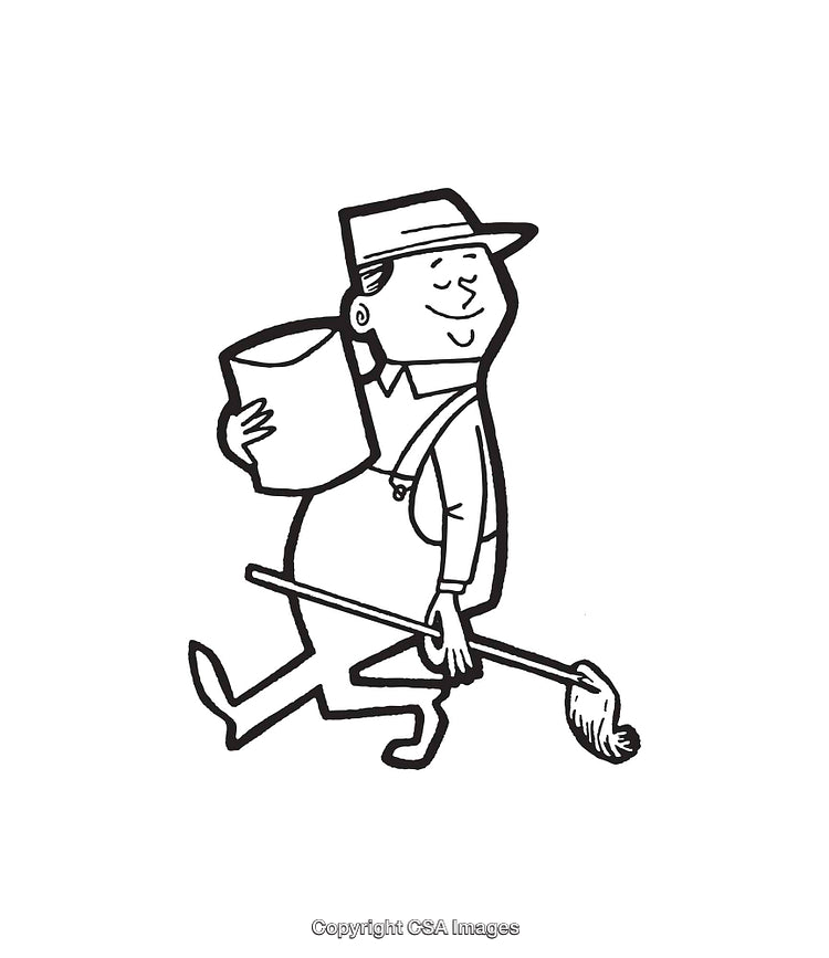 Black And White Line Art of Worker with Mop and Bucket