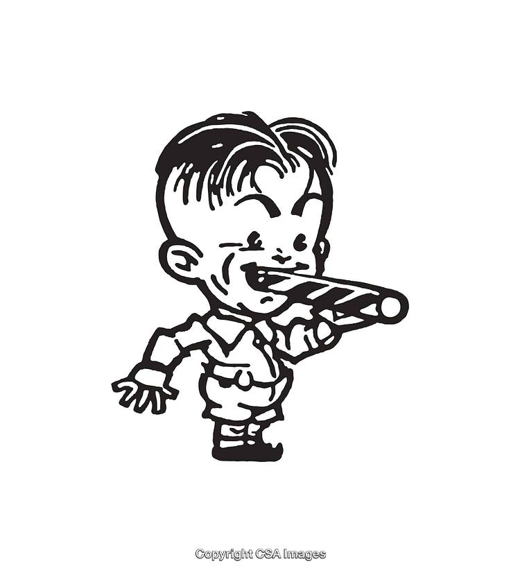 Black and White Line Art of a Boy with a Chocolate Bar