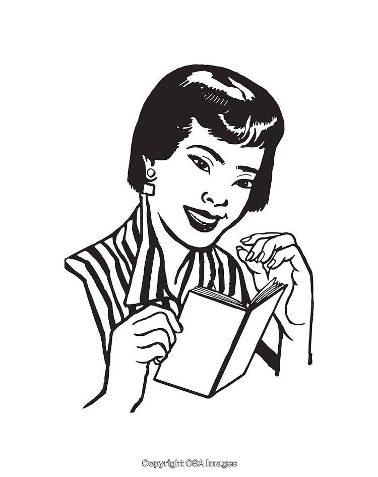 Retro Black and White Line Art of Woman Reading a Book