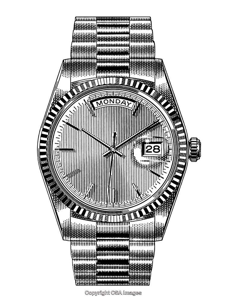 Intricate Black and White Engraving of a Classic Wristwatch Design