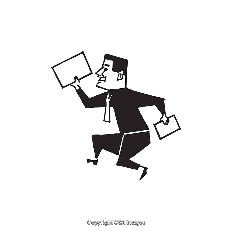 Black And White Illustration of Professional Man Rushing With Documents