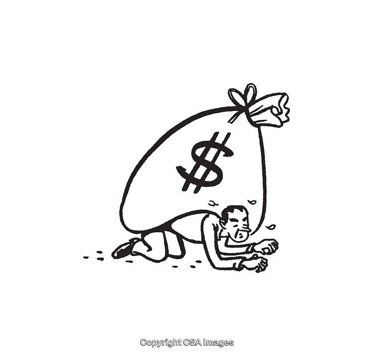 Man Struggling Under Heavy Financial Burden Illustration of Debt and Pressure