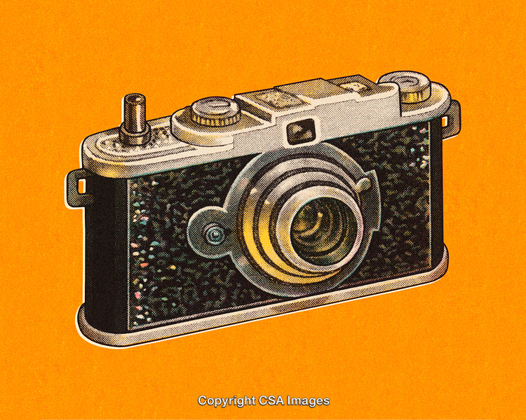 Artistic Illustration of a Vintage Camera with an Orange Background
