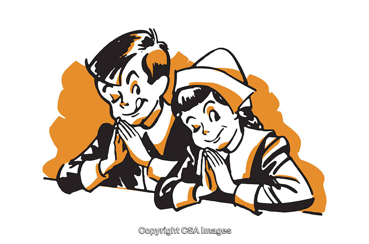 Vintage Illustration of Children Praying with Hands Together and Reflective Expressions