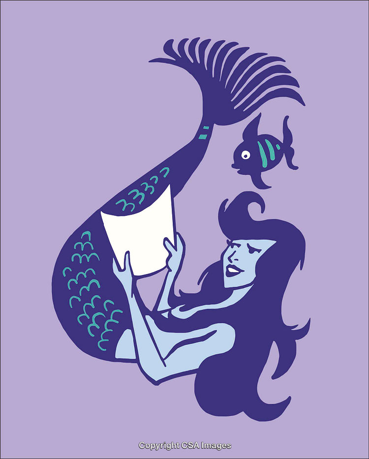 Colorful Illustration of a Mermaid Reading Underwater With a Fish Companion