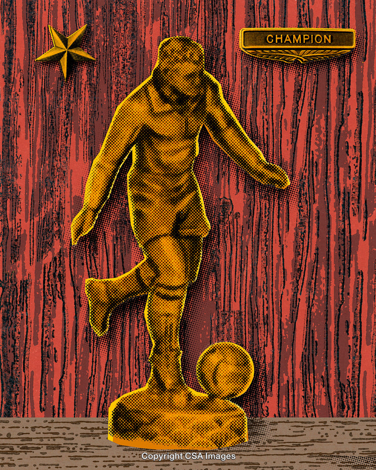 Golden Soccer Trophy With Champion Plaque Against a Red Textured Background