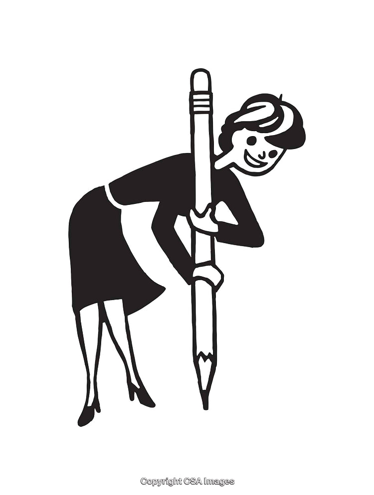 Black and White Illustration of Woman Holding a Giant Pencil