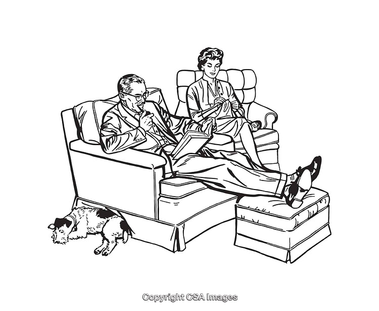 Peaceful Home Scene with Dog and Relaxing Family in Black and White