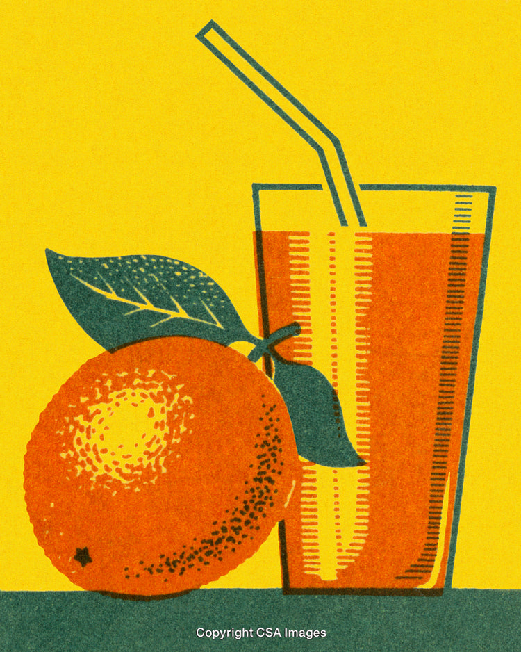 Illustration of Orange Juice and Fresh Orange on Yellow Background