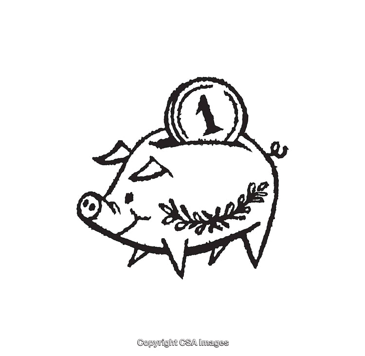 Black And White Line Art Illustration of a Piggy Bank With Coin