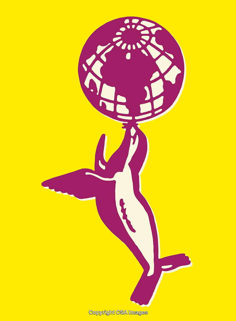 Colorful Illustration of Seal Balancing Globe on Yellow Background