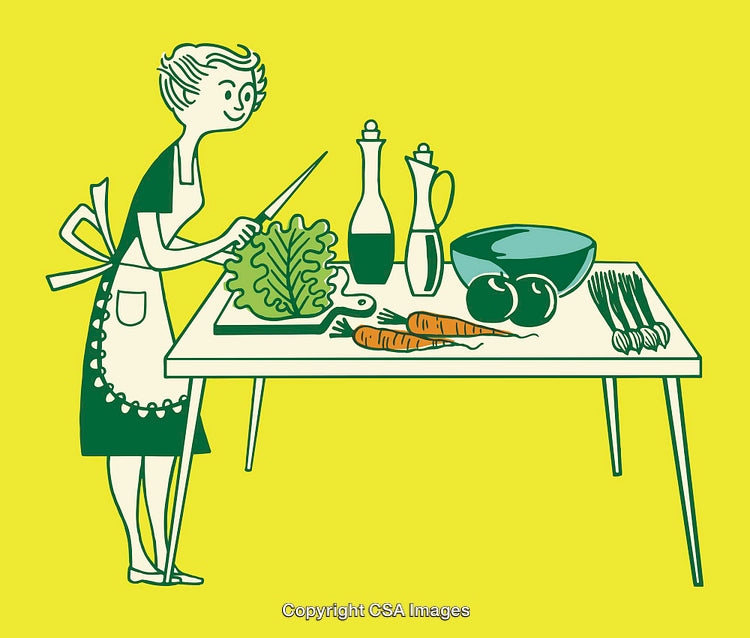 Colorful Retro Illustration of Woman Preparing Fresh Vegetables in Kitchen