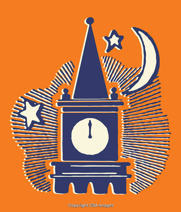 Stylized Clock Tower with Stars and Moon on Orange Background