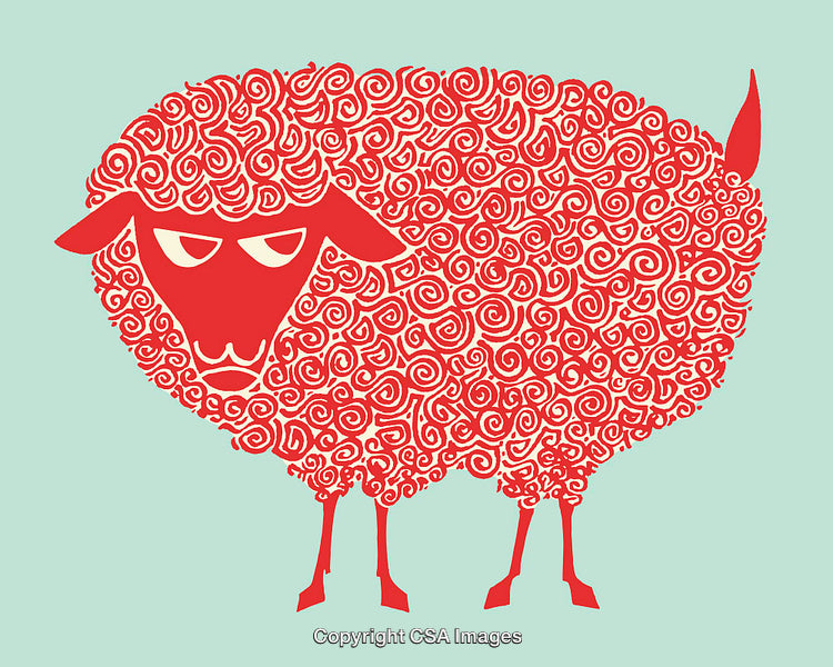 Stylized Red Sheep Illustration With Swirly Fur on Pastel Background