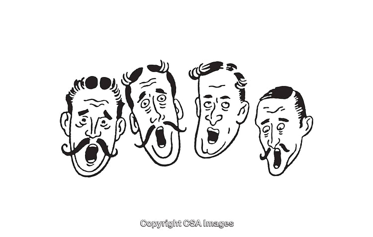 Black and White Line Art of Expressive Faces with Mustaches