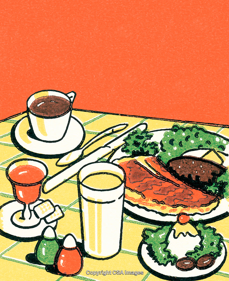 Vibrant Breakfast Illustration Featuring Coffee, Orange Juice, and Elegant Table Setting