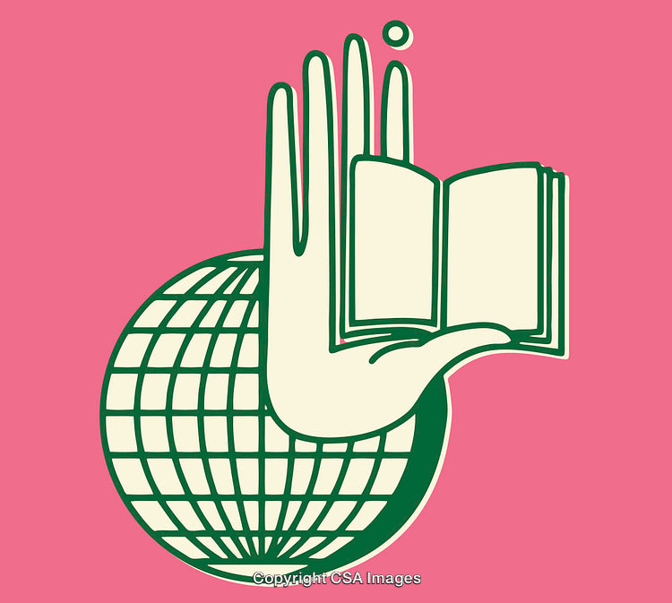 Hand Holding Book and Globe Icon on a Vibrant Background