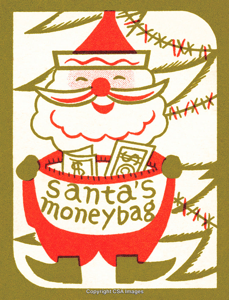 Santa Claus Holding Moneybag with Festive Holiday Spirit Under Christmas Decor
