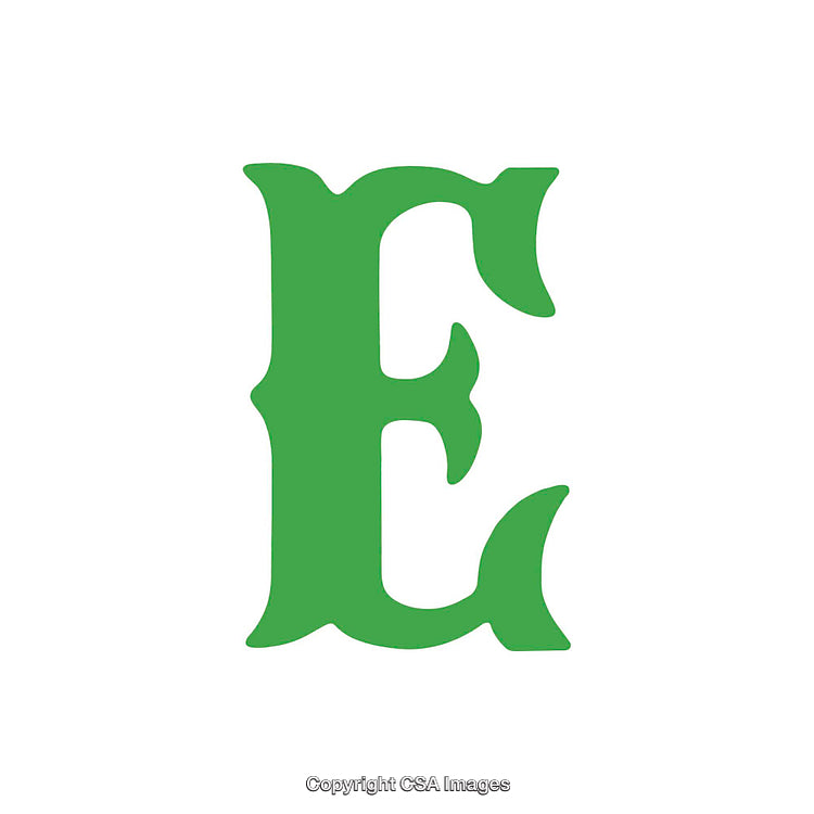 Green Letter E in Decorative Typography on White Background