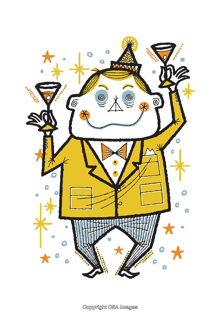 Celebratory Character Illustration with Party Hat and Drinks in Colorful Style