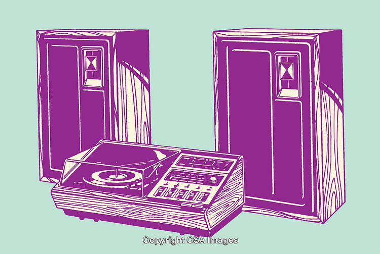 Colorful Vintage Stereo System Illustration with Speakers and Record Player
