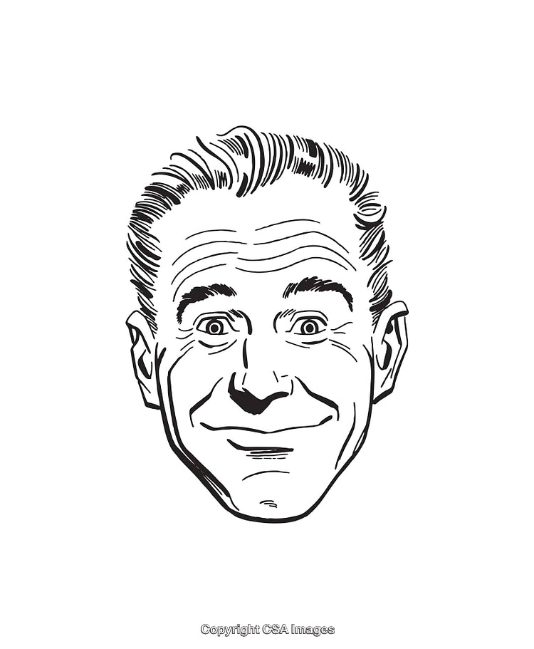 Smiling Male Face in Black and White Line Art Style Illustration