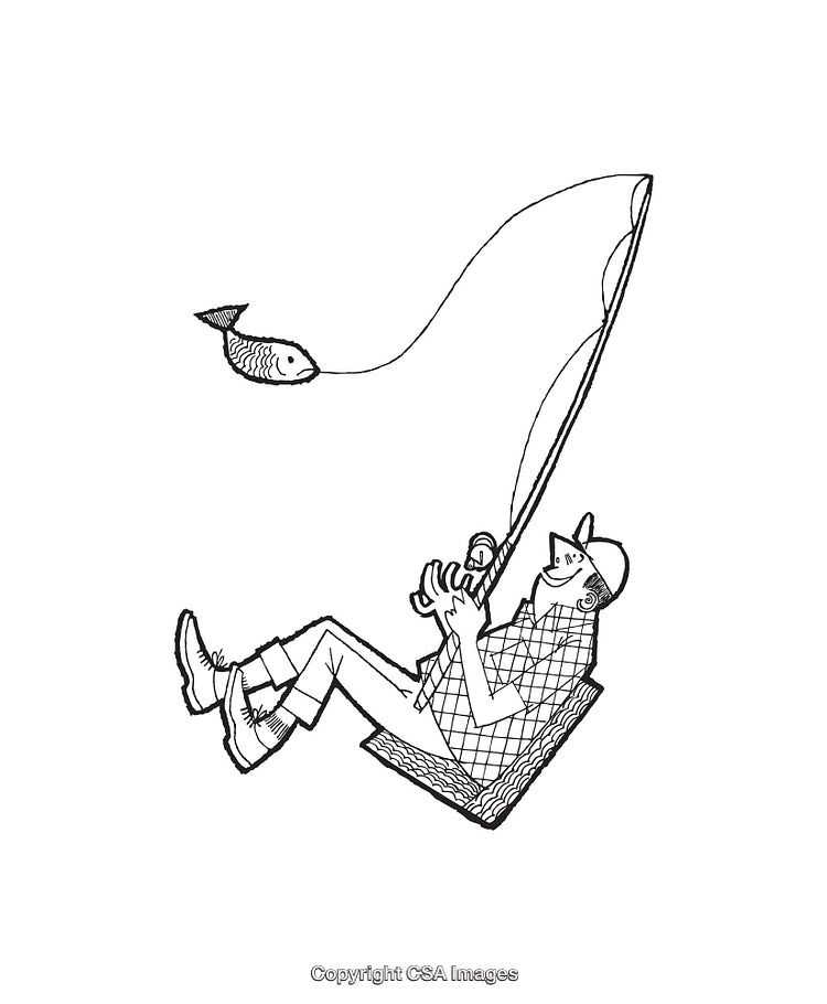 Black and White Illustration of a Relaxing Angler Catching Fish