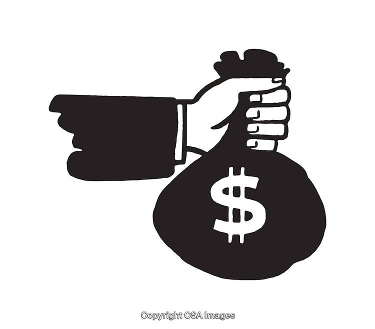 Black and White Illustration of a Hand Holding a Money Bag