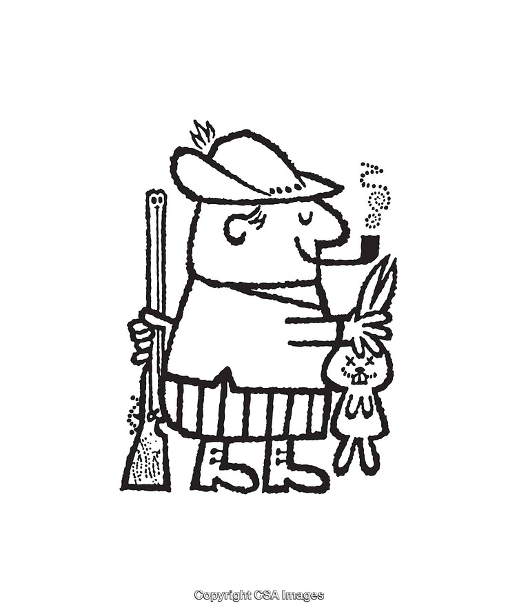 Cartoon Line Art Featuring a Hunter Holding a Bunny and a Rifle