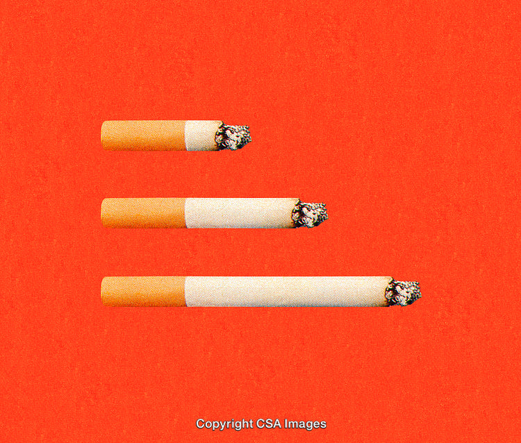 Three Cigarettes Burned to Different Lengths on Red Background