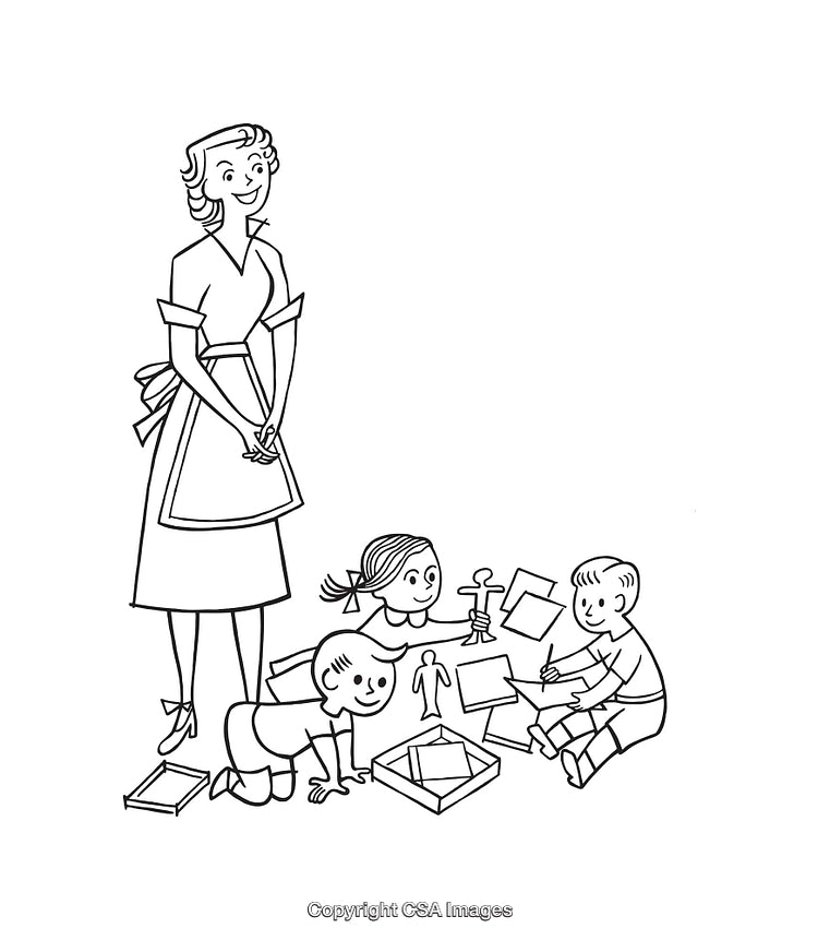 Retro Line Art of Caregiver With Children Doing Arts and Crafts