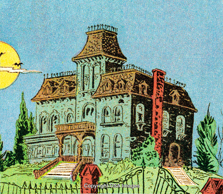 Haunted Mansion Illustration with Gothic Details and Full Moon