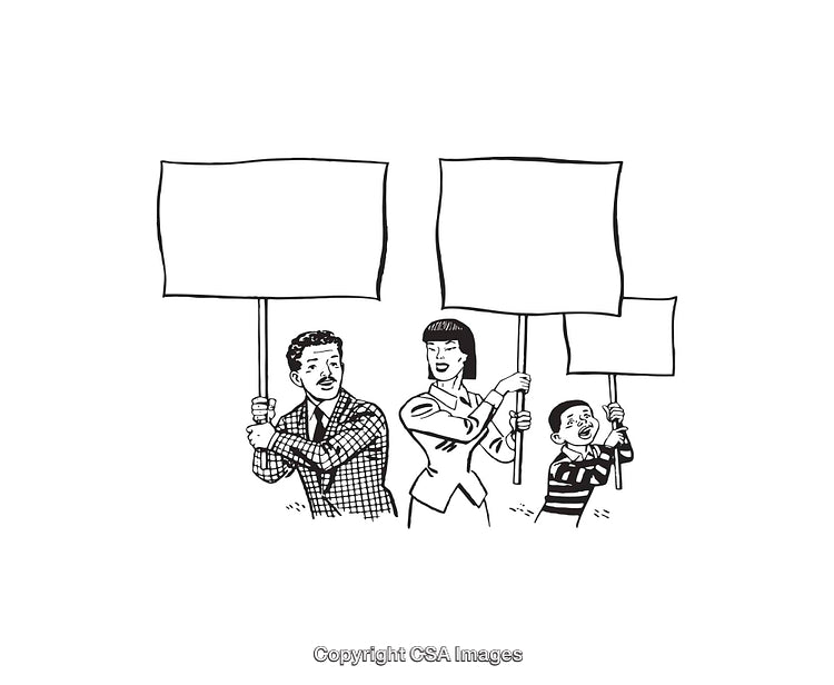 Black and White Line Art of People Holding Protest Signs